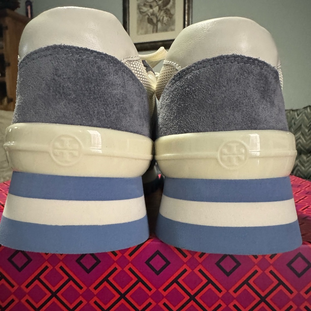 Tory Burch Sawtooth Logo New Ivory Blue  Low Top Sneaker Trainer Shoes 9 - Picture 3 of 4